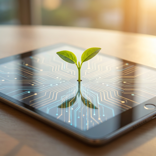 Technology and natural growth - sprout emerging from digital tablet